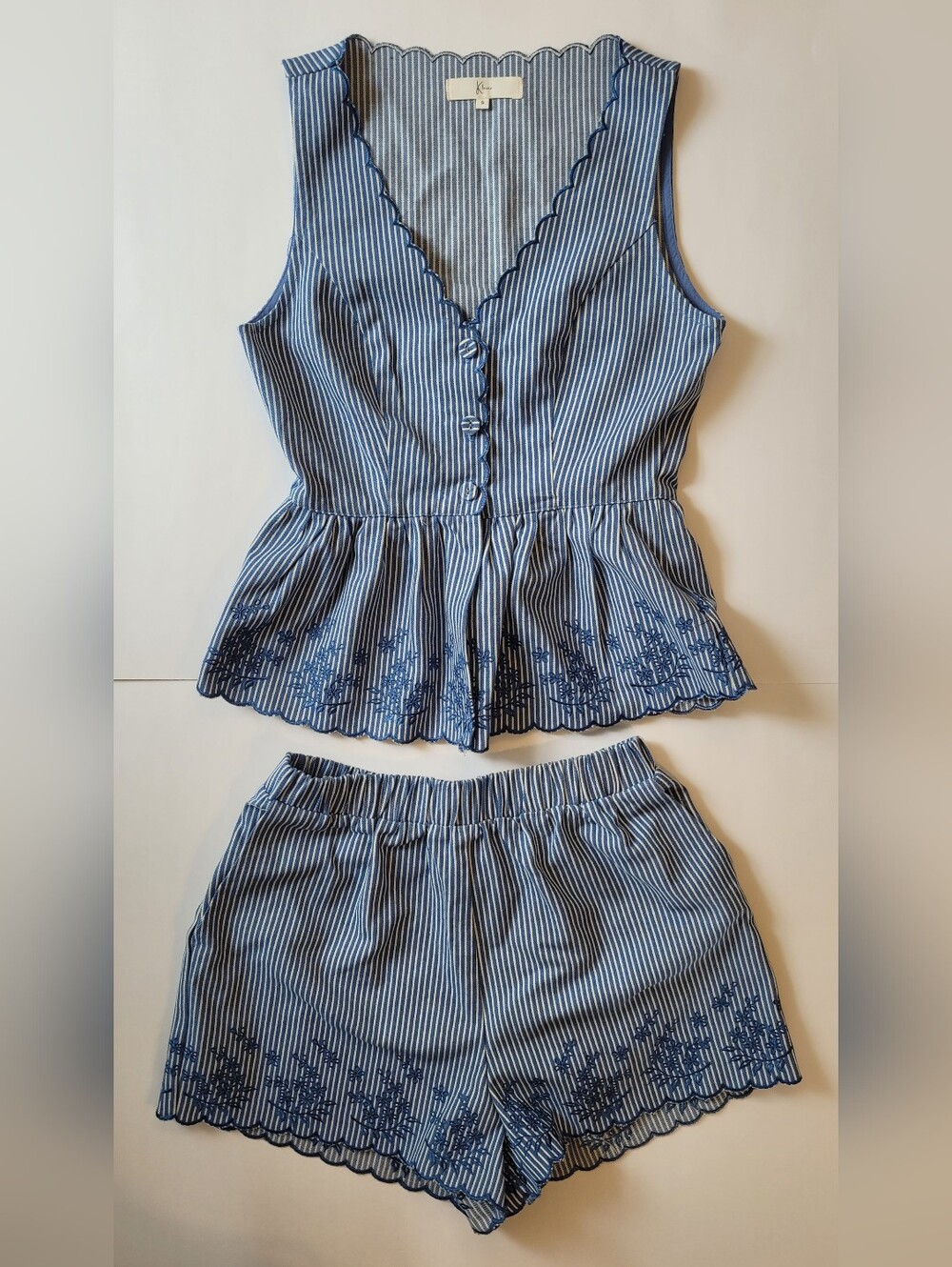 Klesis Embroidered Striped Peplum Vest & Shorts Co-Ord Set-Small - Picture 3 of 16